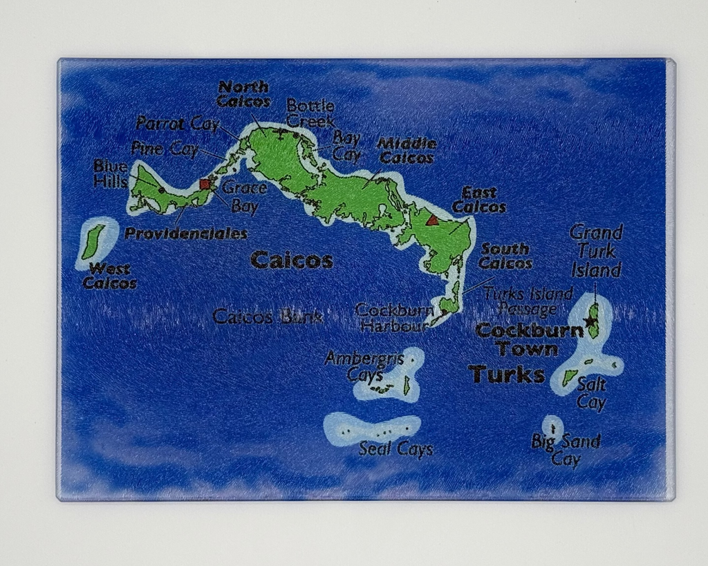 Map of the Turks and Caicos Islands on a glass rippled cutting board