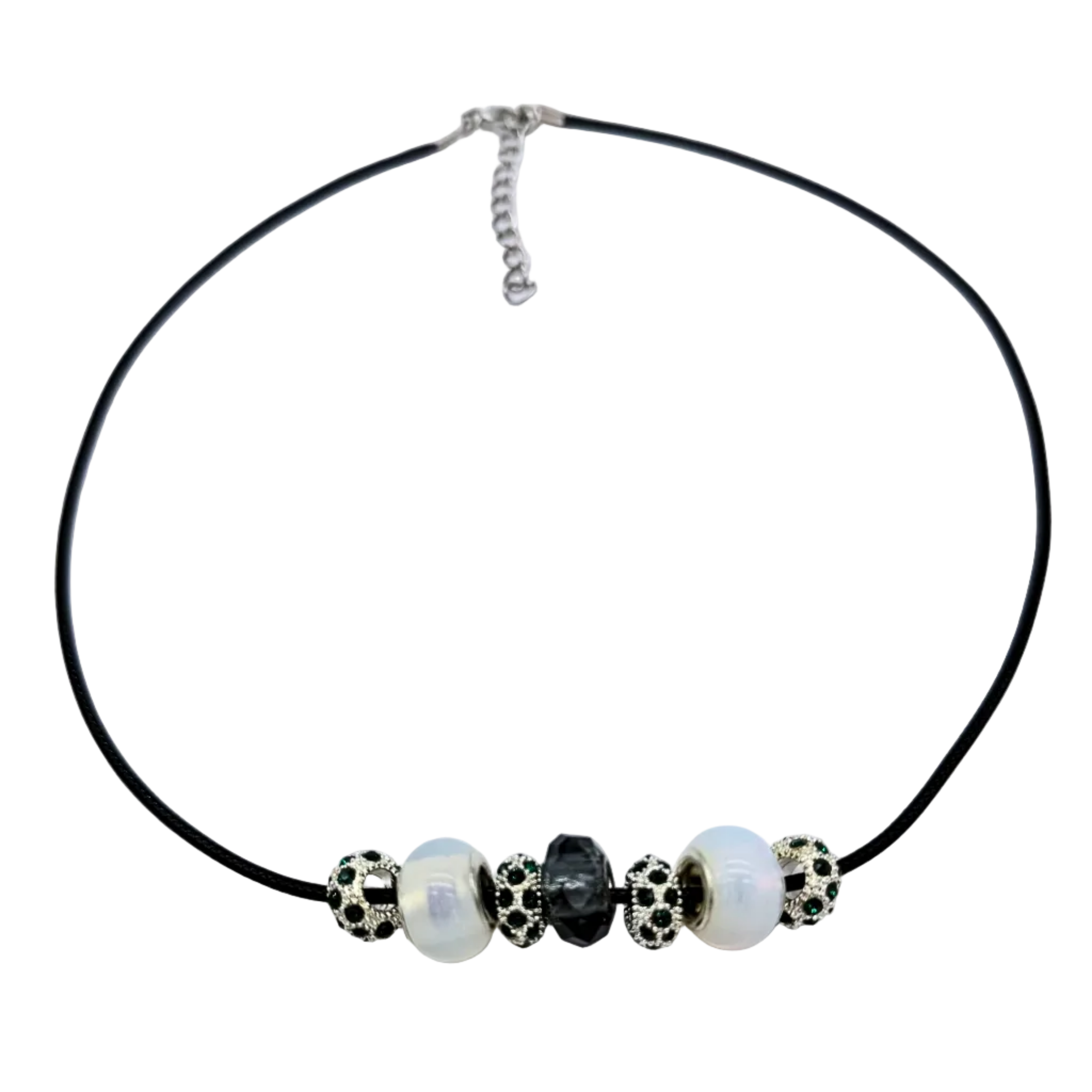 Necklace with black, white, and black beads on a white background