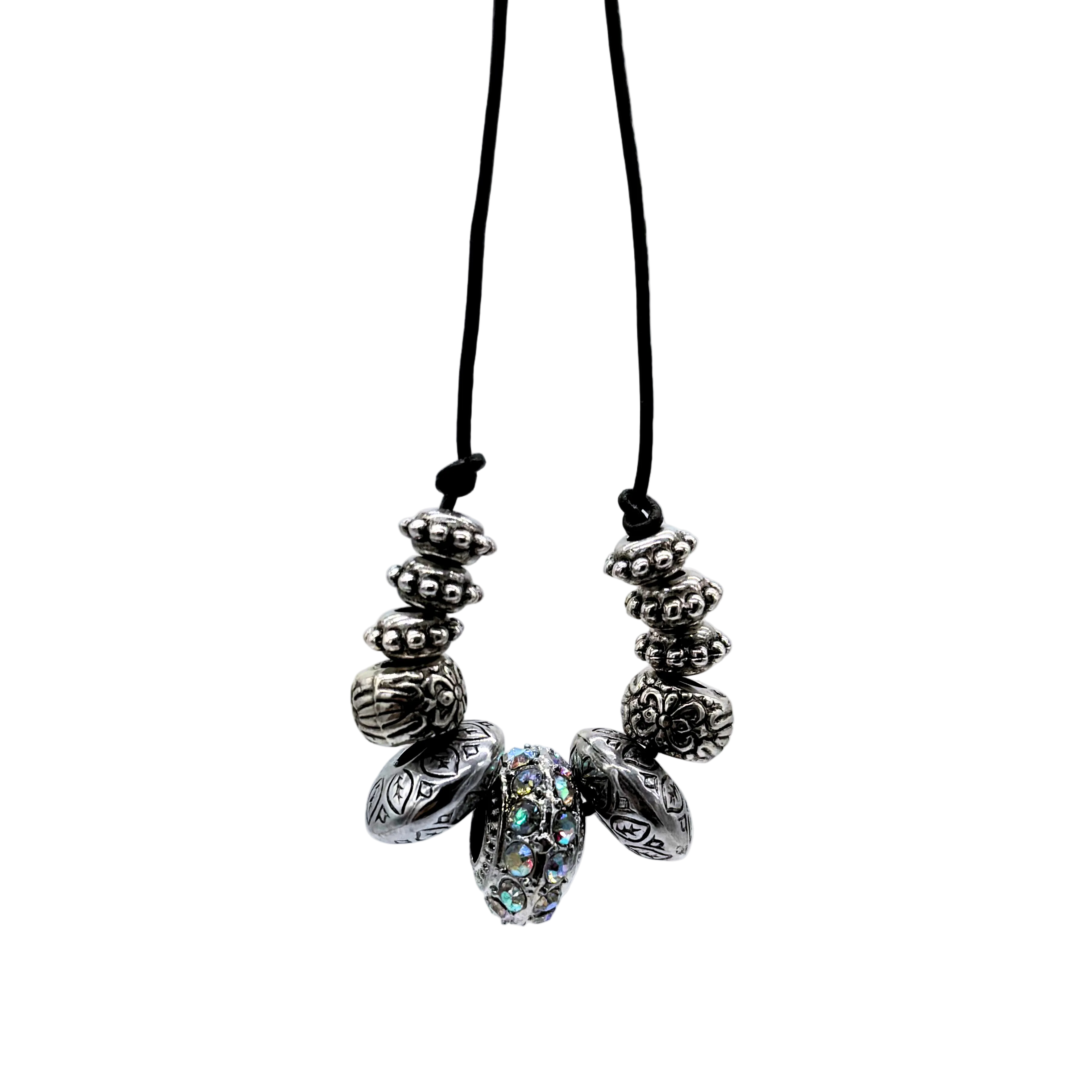 Necklace with decorative beads on a light gray background