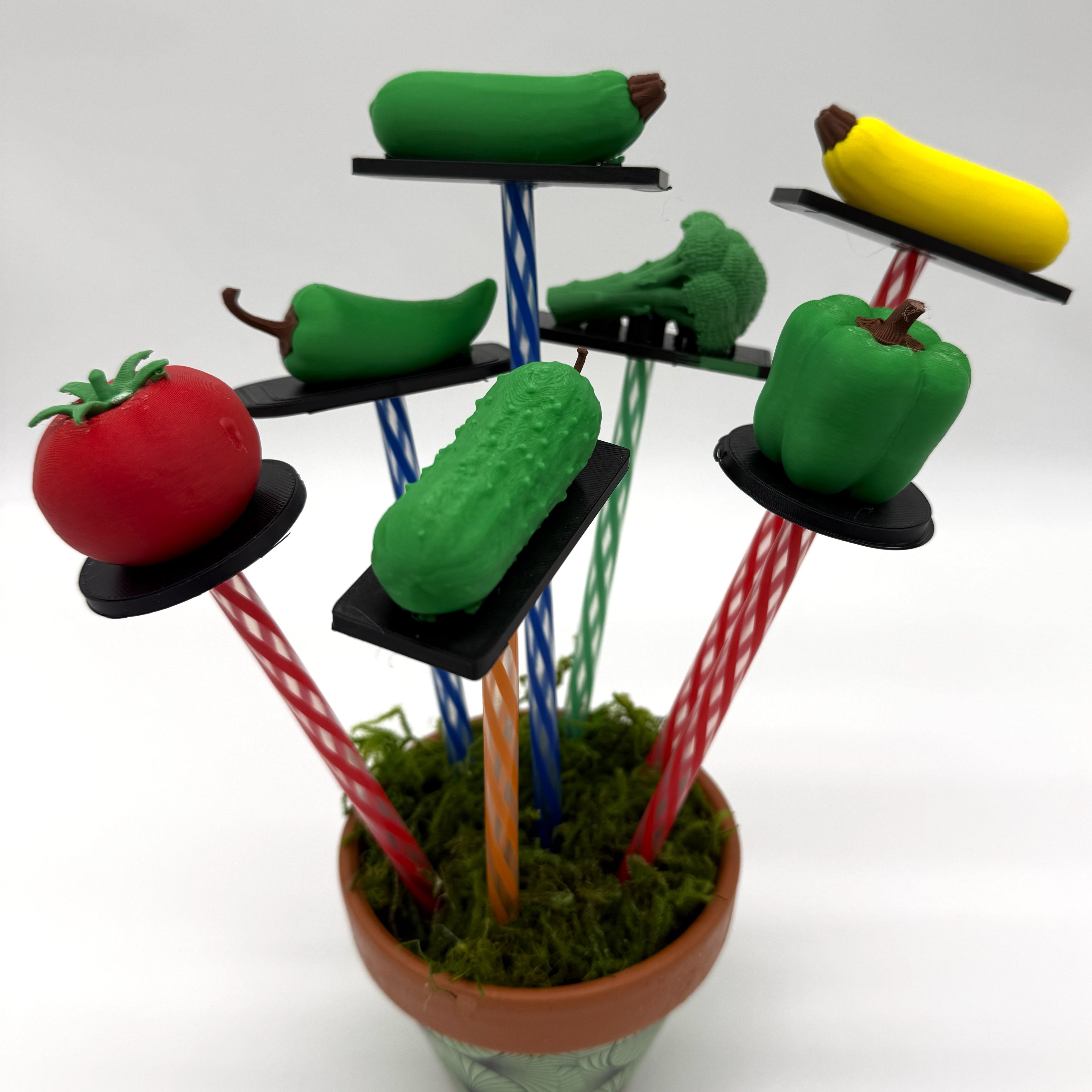 Miniature vegetable-themed stakes with small fruits and vegetables mounted on colorful stakes above a terracotta pot filled with green moss. The vegetables include a red tomato, green cucumber, green bell pepper, yellow squash, and others.