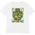A white short-sleeve crewneck t-shirt featuring a green and yellow graphic print on the front with a cobra snake and the text 'GO VIPERS! HISS! HISS! HISS!'.