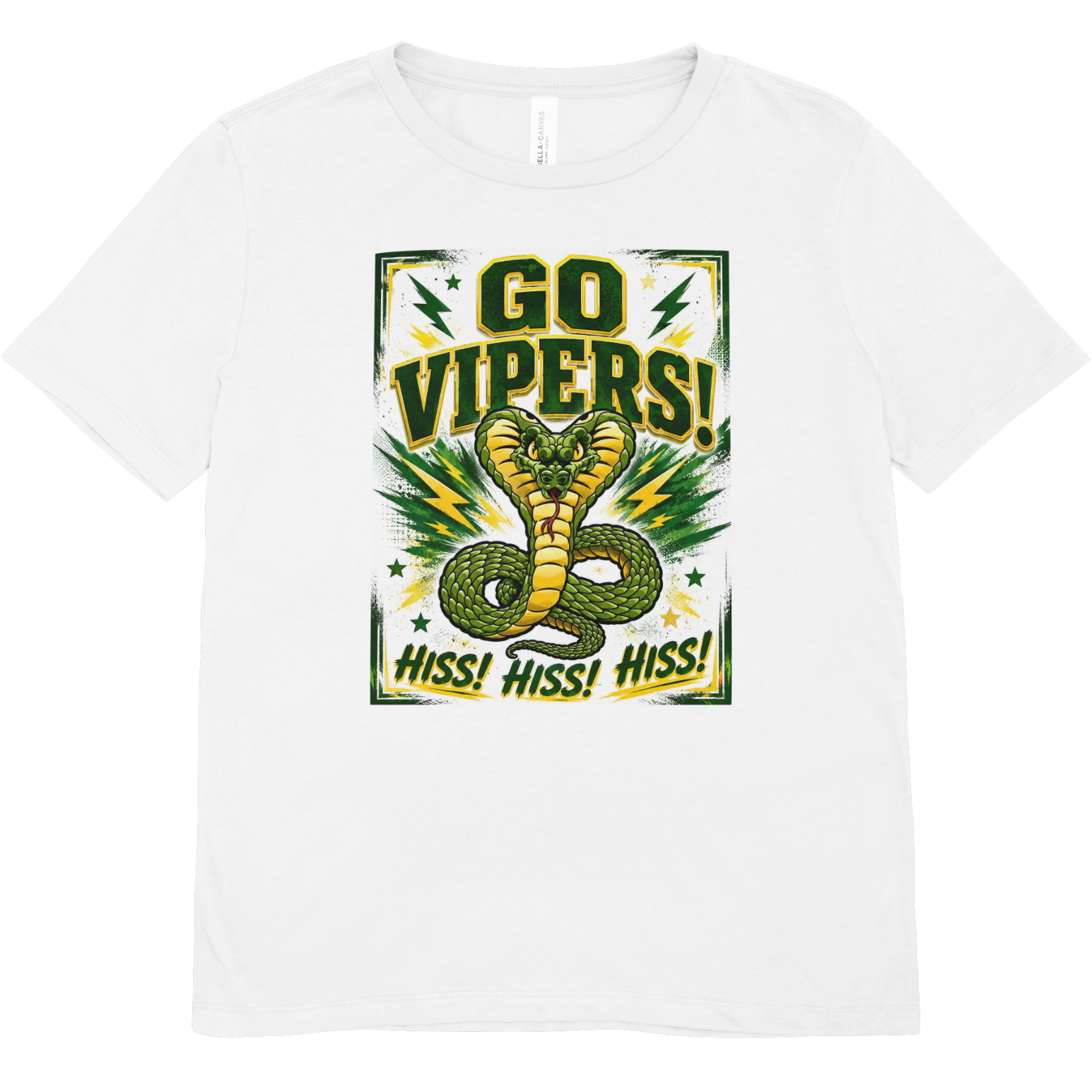 A white short-sleeve crewneck t-shirt featuring a green and yellow graphic print on the front with a cobra snake and the text 'GO VIPERS! HISS! HISS! HISS!'.