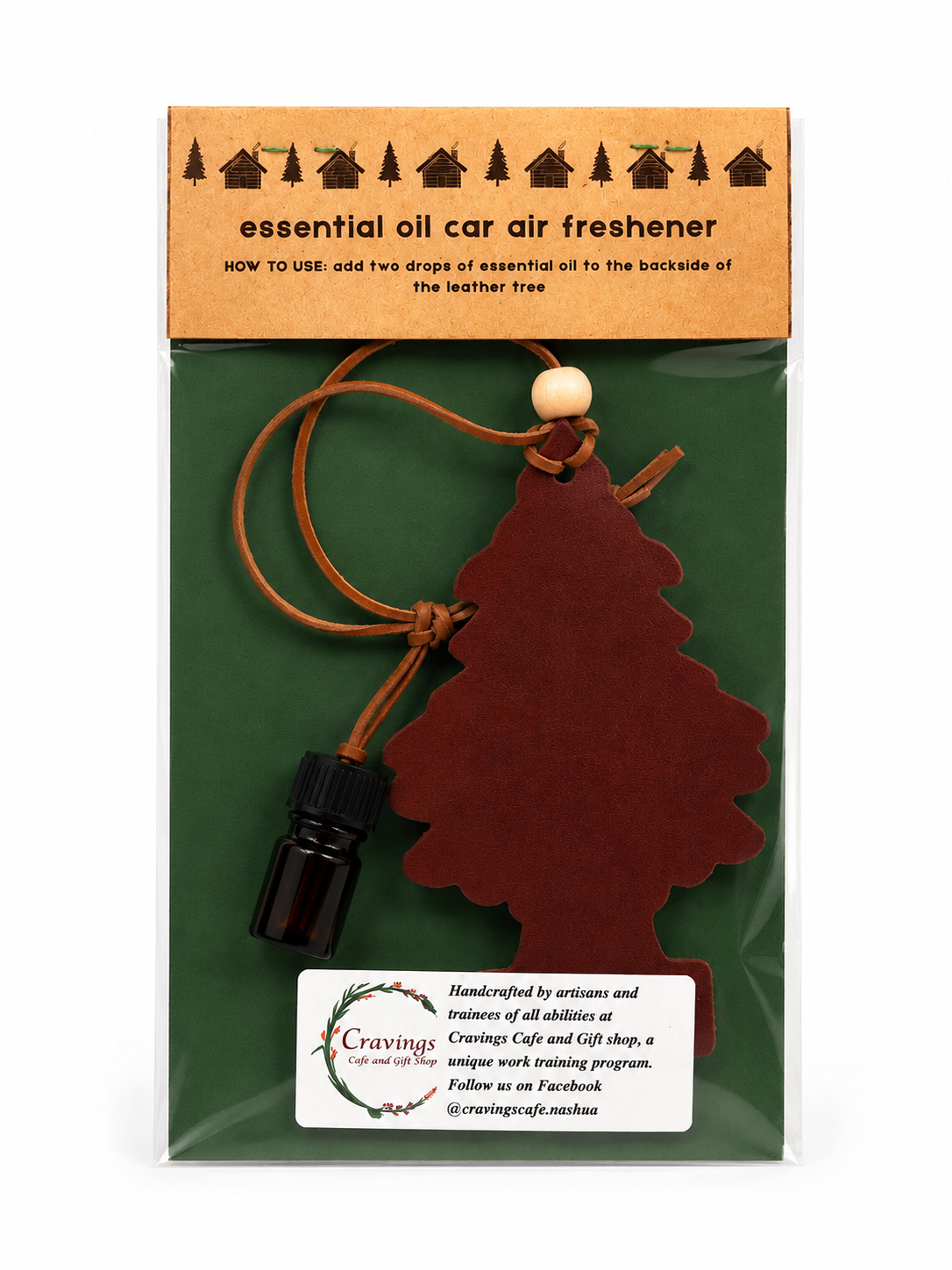 Essential oil car air freshener with tree design on a green background