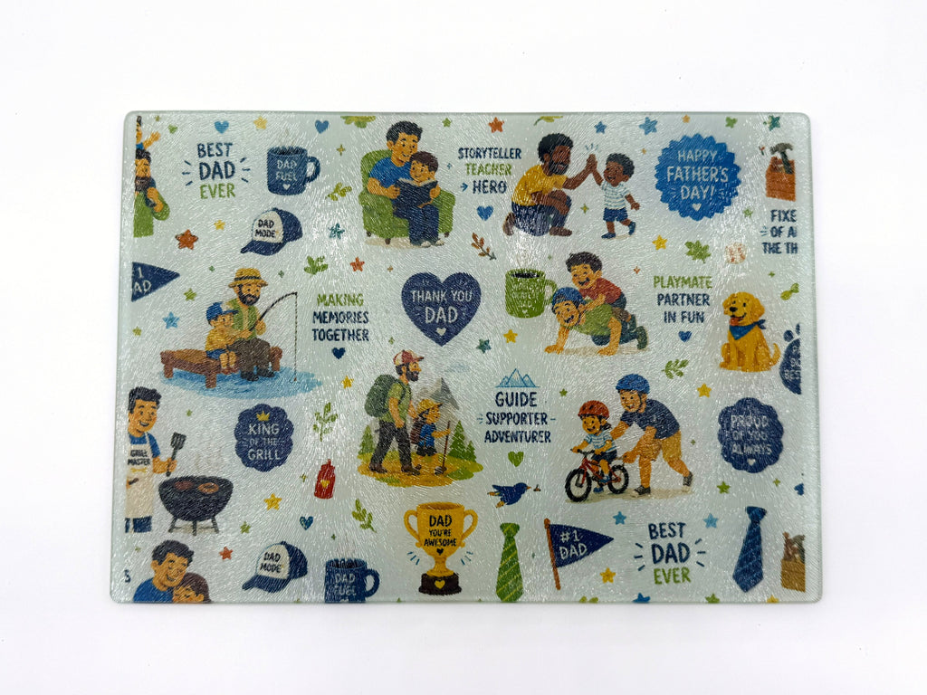 Father's Day-themed glass cutting board with illustrations and text on a white background