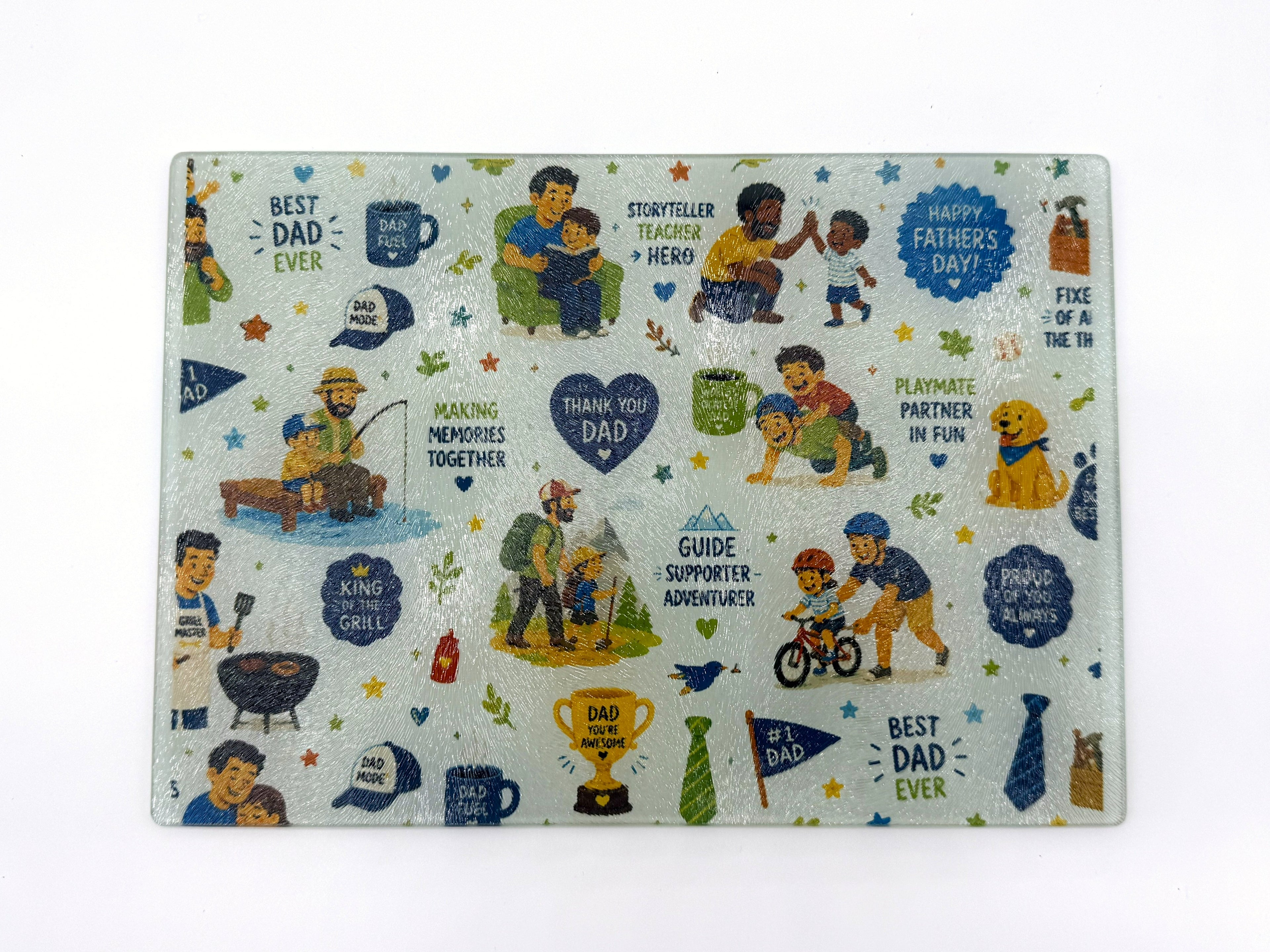 Father's Day-themed glass cutting board with illustrations and text on a white background