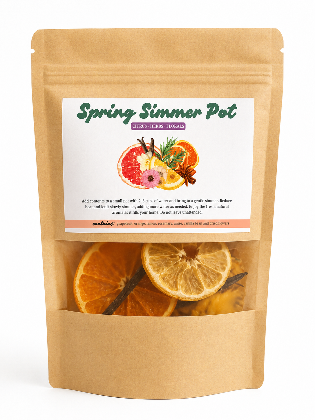 Packaged product labeled 'Spring Simmer Pot' with dried fruits and spices on a white background
